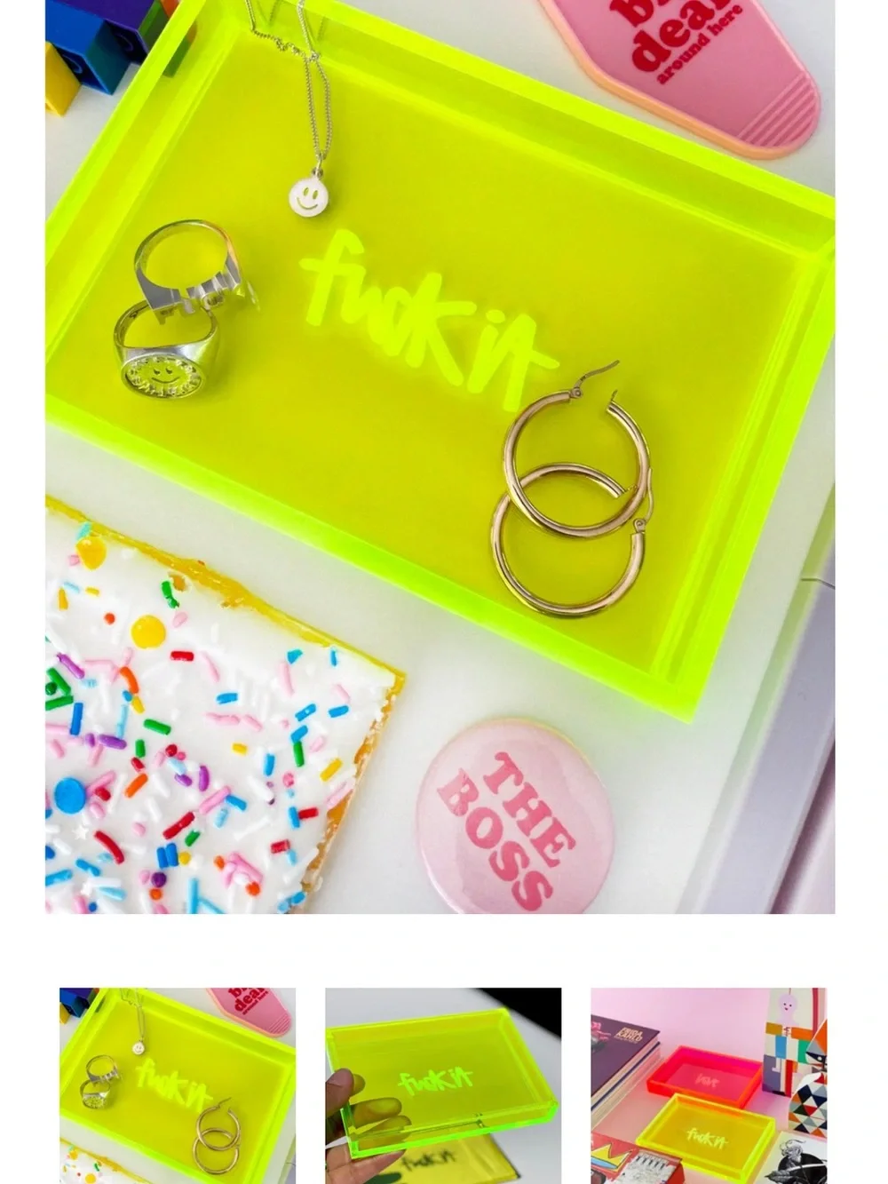 Neon Yellow Acrylic Decorative Valet  Tray  Block - 'fuc* it “ Script